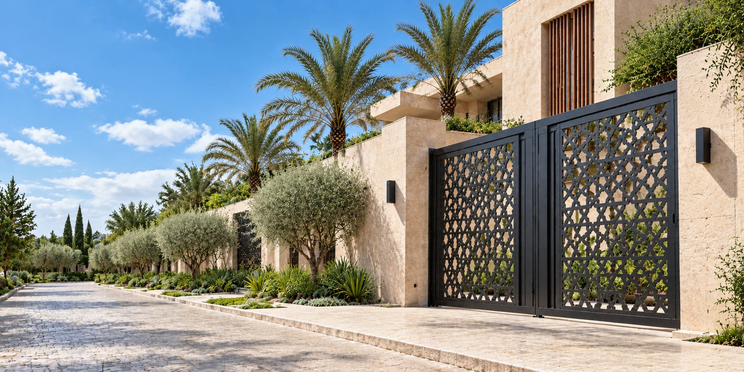 Ornate metal gate at a residence at night