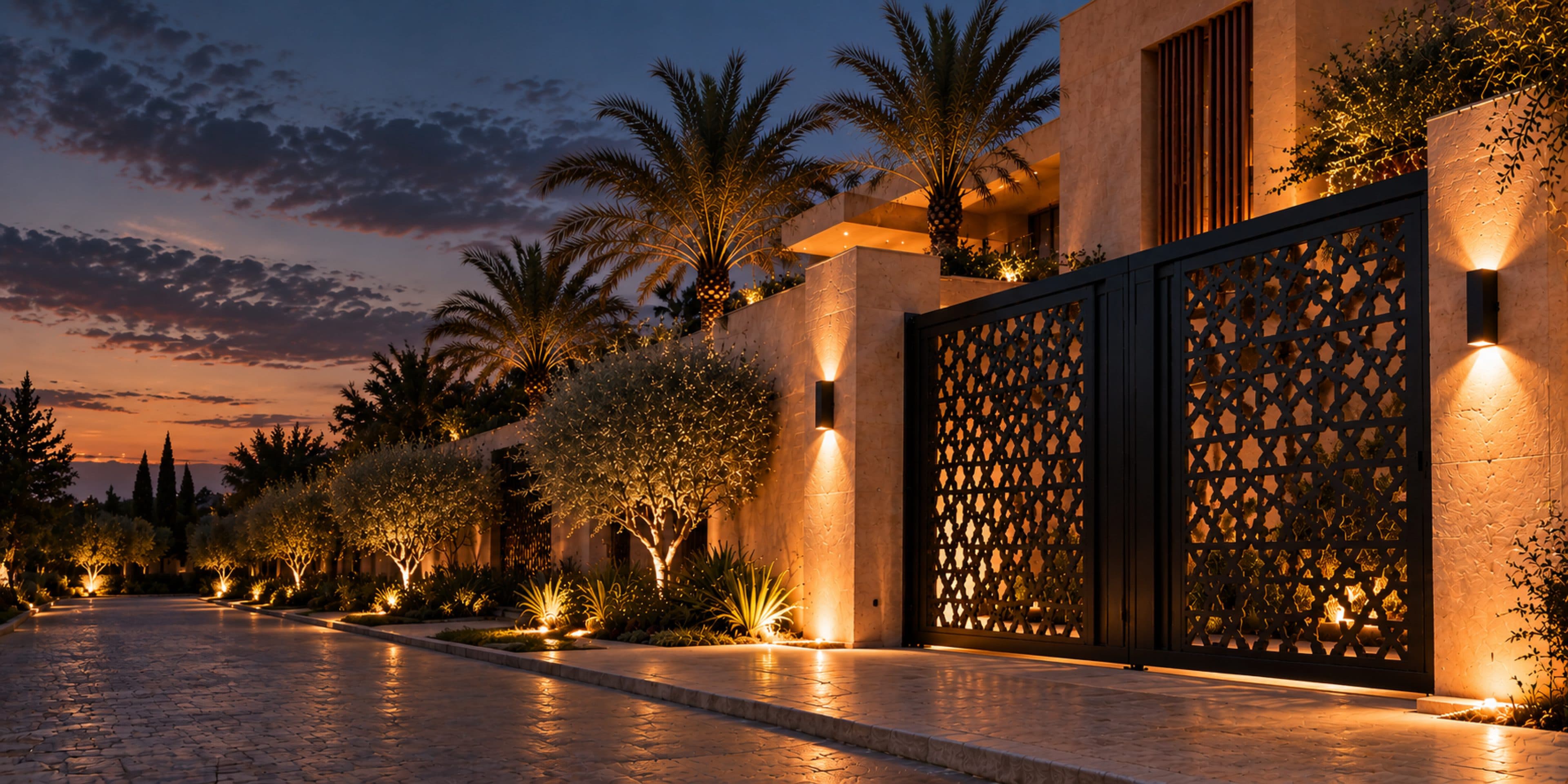 Ornate metal gate at a residence at night